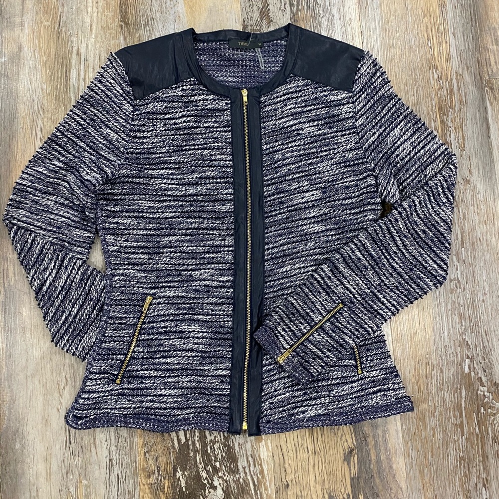 Blue Tweedt Jacket with Pleather accents.